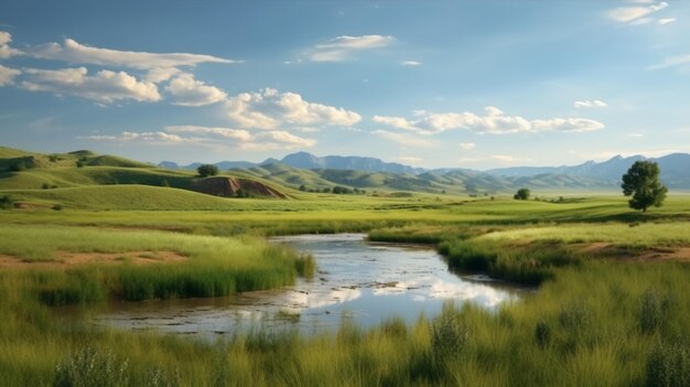 Foto paisaje de un día de verano con un estanque, arbustos de hierba verde y montañas en el horizonte