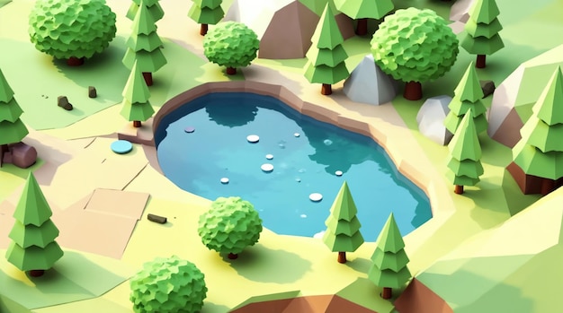 Paisaje de dibujos animados 3D Low-Poly con un lago y árboles