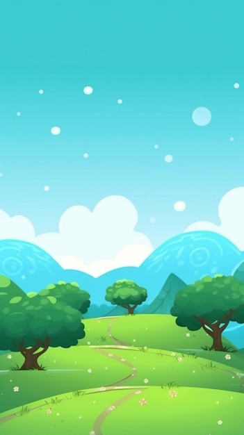 Un paisaje de dibujos animados con un campo verde y árboles.