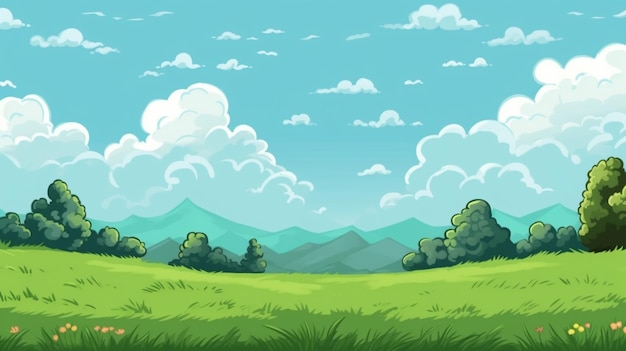 Un paisaje de dibujos animados con un campo verde y montañas al fondo.