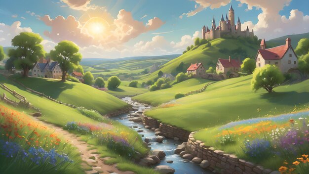 Foto paisaje de dibujos animados con colinas verdes con flores silvestres