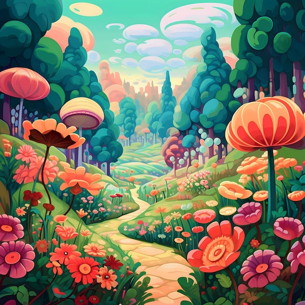 Paisaje de dibujos animados con flores y árboles de prado