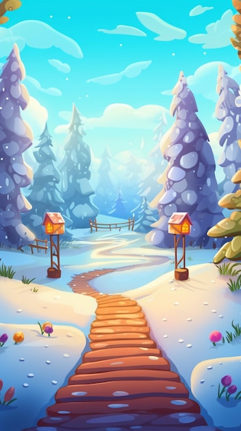 Foto paisaje de dibujos animados de invierno con un camino y un puente de madera generativo ai