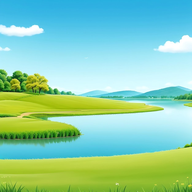 Paisaje de dibujos animados con naturaleza de lago Fondo Generado Ai