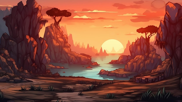 Un paisaje de dibujos animados con una puesta de sol de fondo.