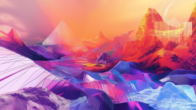 Paisaje digital abstracto con colores vibrantes montañas geométricas y una estética futurista iluminada por neón