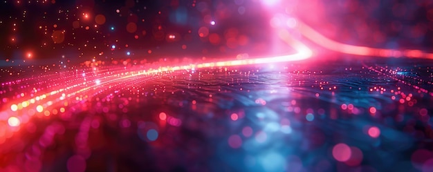 Foto paisaje digital abstracto con luces de neón brillantes y bokeh que representan el flujo de datos futurista