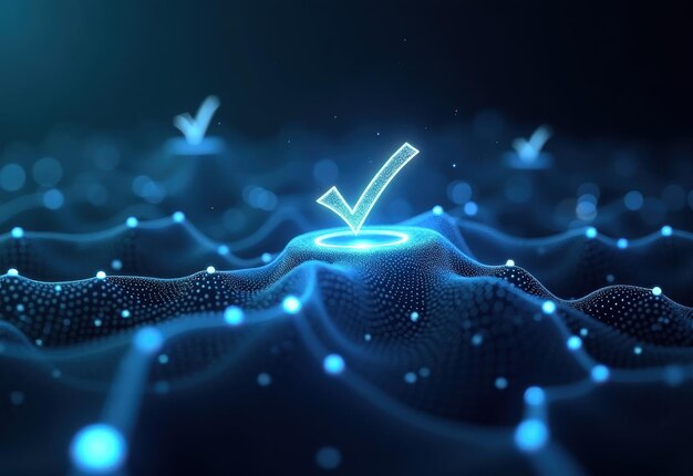 Paisaje digital abstracto con marcas de comprobación brillantes que representan la garantía de calidad de la seguridad de los datos o la verificación exitosa
