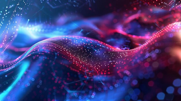 Paisaje digital futurista de ondas de datos abstractas con puntos brillantes