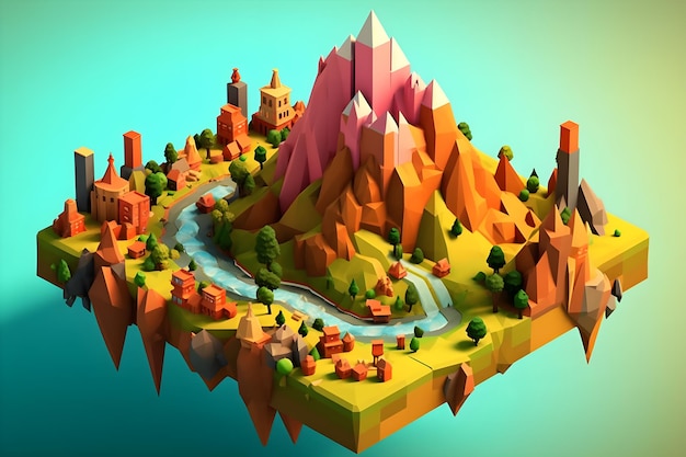 Un paisaje digital con un río y montañas.