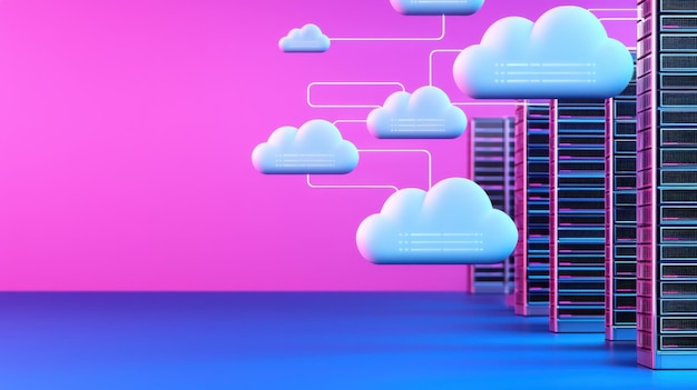 Un paisaje digital vibrante con nubes y servidores de datos que encarnan la tecnología moderna y los conceptos de computación en la nube