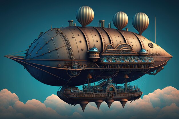 Paisaje con dirigible en el cielo con nubes estilo steampunk IA generativa