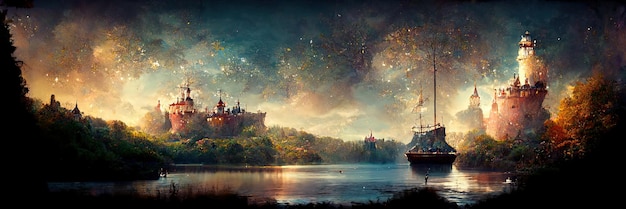 Paisaje encantado de cuento de hadas, magia, fantasía, bosque, barco en el lago. Ilustración digital