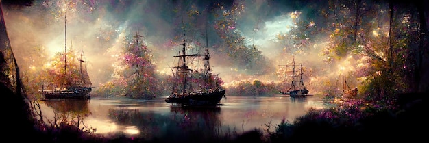Paisaje encantado de cuento de hadas, magia, fantasía, bosque, barco en el lago. Ilustración digital