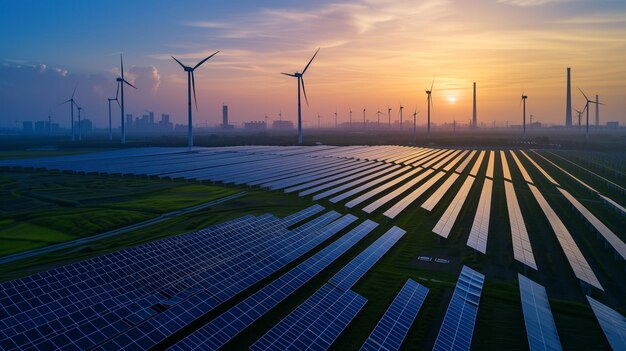 Foto paisaje de las energías renovables al amanecer