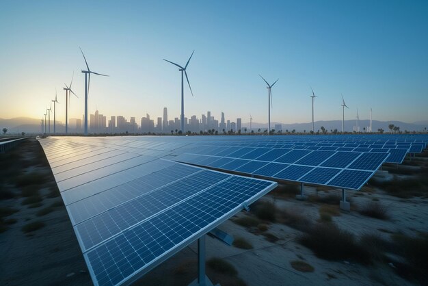 Foto paisaje de las energías renovables al amanecer