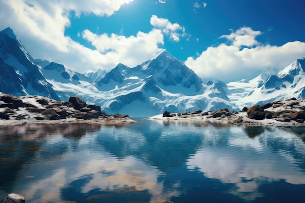 Paisaje de ensueño alpino Lago prístino en medio de cumbres nevadas