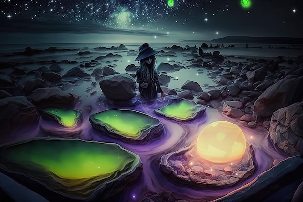 Foto paisaje de ensueño bioluminiscente futurista surrealista mágico