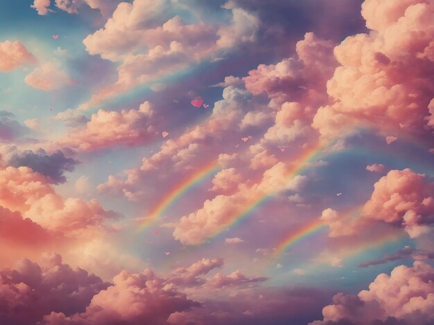 Un paisaje de ensueño de nubes de colores pastel, arcoíris y pequeños corazones.