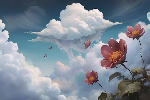 Paisaje de ensueño surrealista Flores de papaya flotando en las nubes Obra de arte