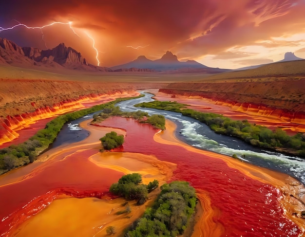 Un paisaje de ensueño surrealista con un río de salsa que fluye a través de un paisaje de montañas nacho