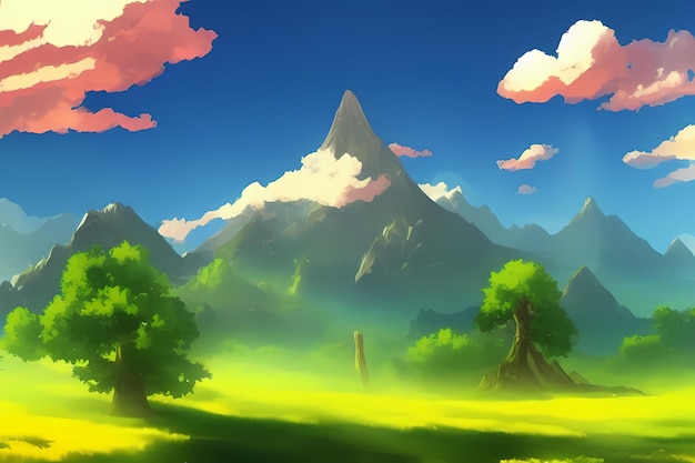 Paisaje escena ilustración pintura digital con vegetación montañas colinas prados cielos azules