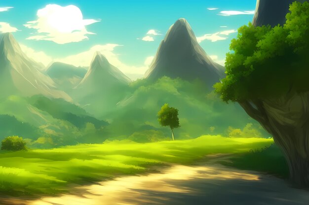 Paisaje escena ilustración pintura digital con vegetación montañas colinas prados cielos azules