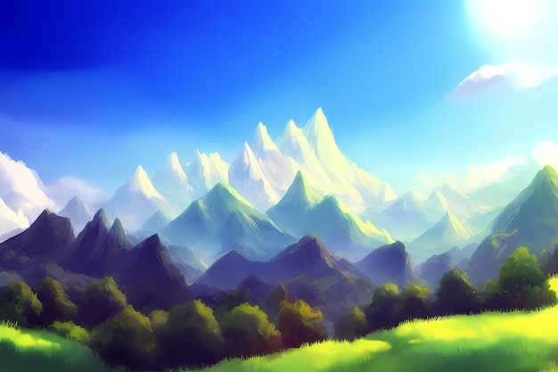 Paisaje escena ilustración pintura digital con vegetación montañas colinas prados cielos azules