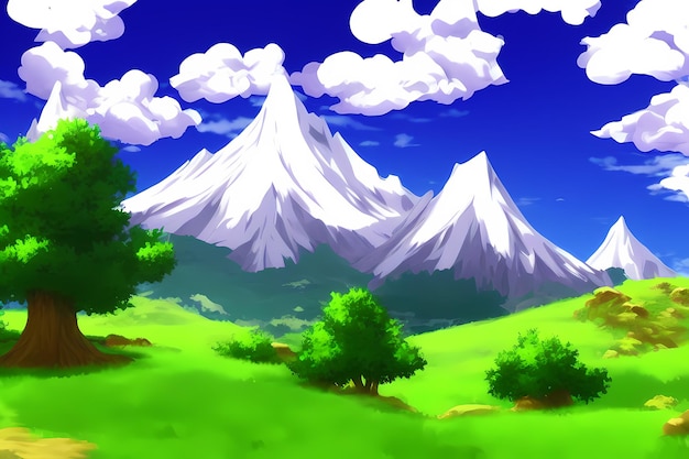 Foto paisaje escena ilustración pintura digital con vegetación montañas colinas prados cielos azules