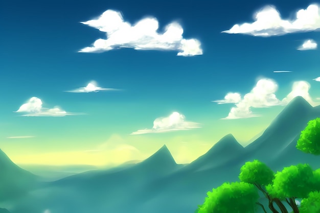 Paisaje escena ilustración pintura digital con vegetación montañas colinas prados cielos azules