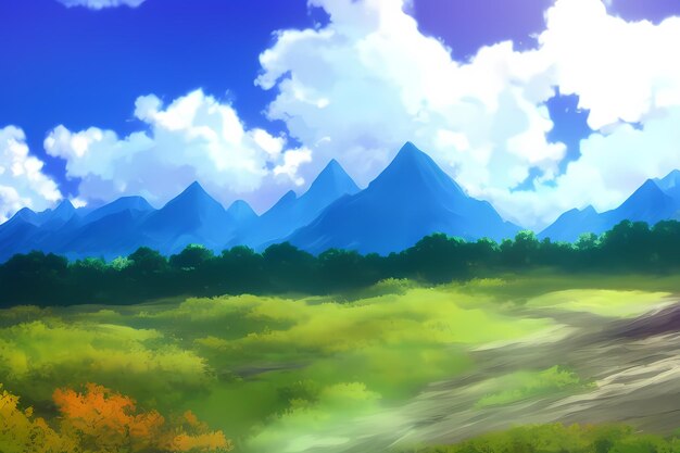 Paisaje escena ilustración pintura digital con vegetación montañas colinas prados cielos azules