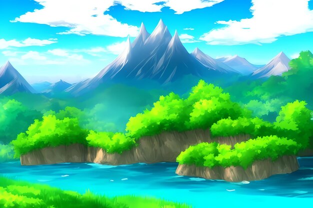 Paisaje escena ilustración pintura digital con vegetación montañas colinas prados cielos azules