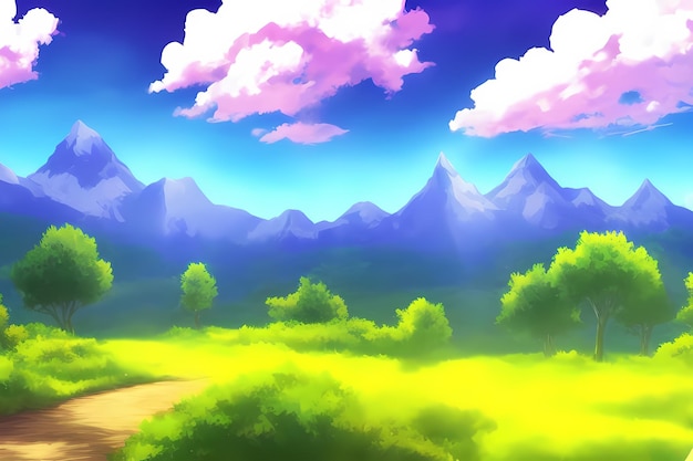 Foto paisaje escena ilustración pintura digital con vegetación montañas colinas prados cielos azules