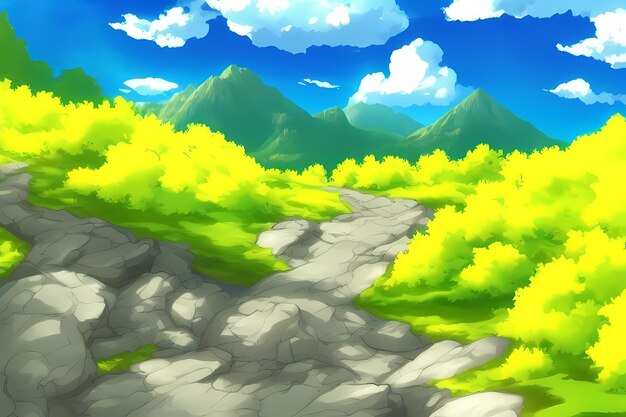 Paisaje escena ilustración pintura digital con vegetación montañas colinas prados cielos azules