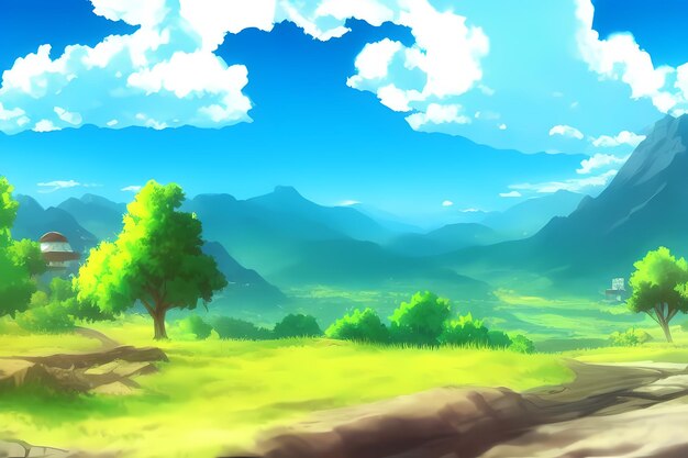 Paisaje escena ilustración pintura digital con vegetación montañas colinas prados cielos azules