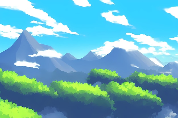 Paisaje escena ilustración pintura digital con vegetación montañas colinas prados cielos azules