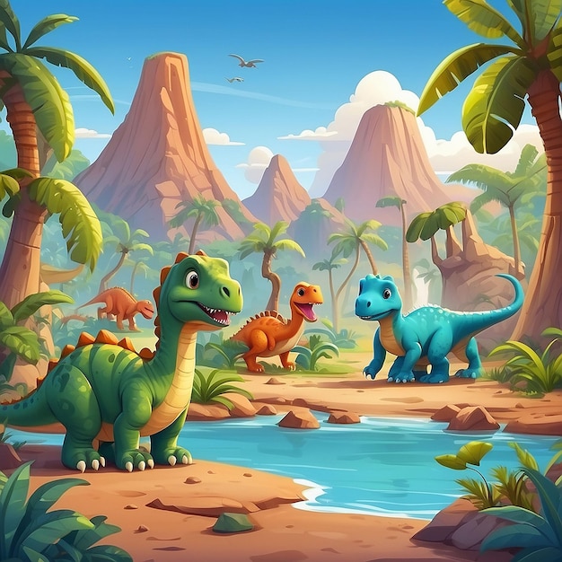 Foto un paisaje de escena jurásica de dibujos animados con muchos personajes de dinosaurios simpáticos y amigables