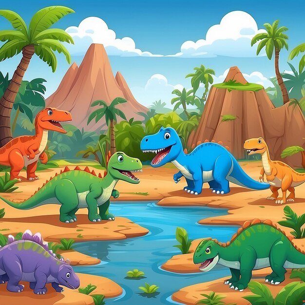 Foto un paisaje de escena jurásica de dibujos animados con muchos personajes de dinosaurios simpáticos y amigables