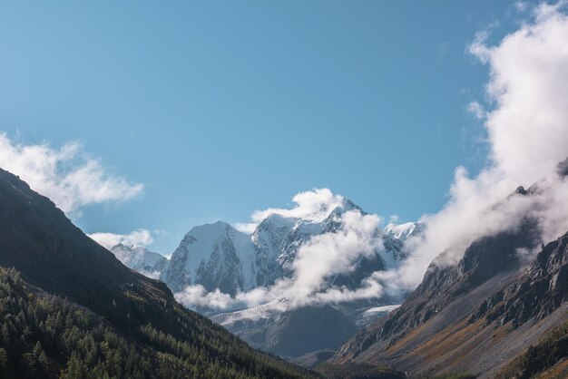 Paisaje escénico con bosque en otoño valle de montaña contra grandes montañas de nieve en nubes bajas en la luz del sol de la mañana abetos en la ladera con vistas a la alta cordillera nevada iluminada por el sol en nubes baixas