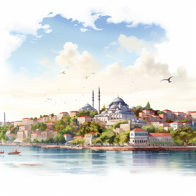 paisaje escénico de Estambul estilo dibujos animados ilustración en acuarela sobre fondo blanco