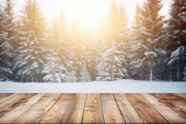 Paisaje escénico de invierno Suelos de madera cubiertos de nieve en el bosque fondo borroso Ilustración generativa de AI