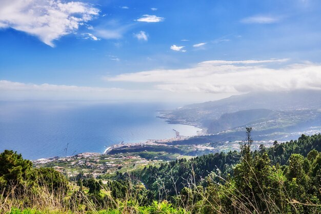 Paisaje escénico de las montañas, un bosque de pinos y el océano con espacio de copia de cielo azul en la zona remota de La Palma Islas Canarias España Vista de la exuberante madre naturaleza y la flora silvestre desde arriba