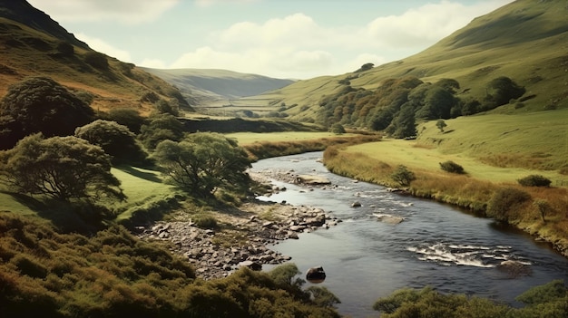 Paisaje escocés río y colinas en estilo realista