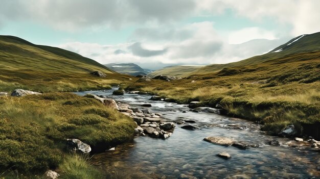 Paisaje escocés Río sereno en las montañas de hierba