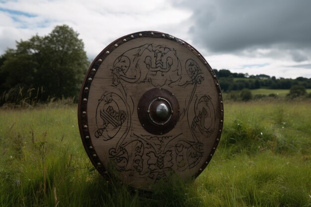 Foto paisaje con escudo vikingo de metal campo de batalla en el fondo ia generativa