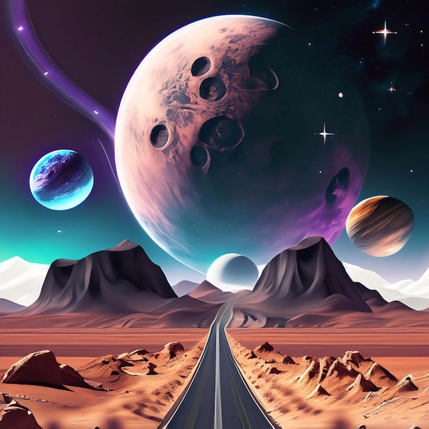 paisaje espacial con camino a montañas lunares y galaxias