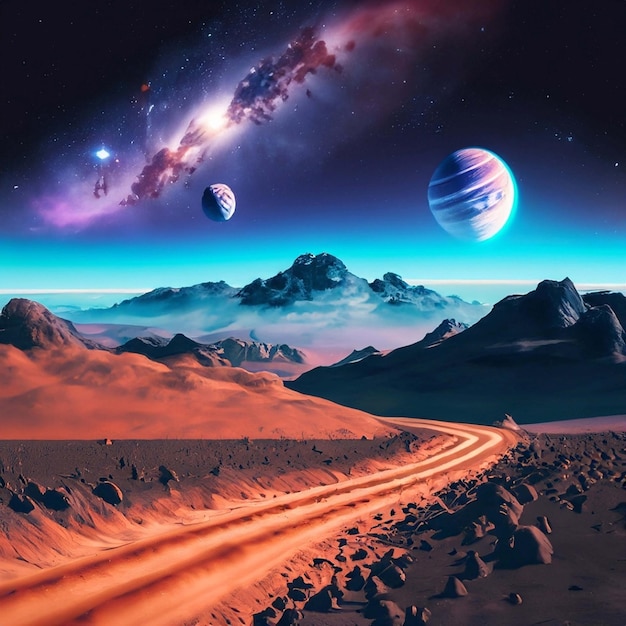 paisaje espacial con camino a montañas lunares y galaxias