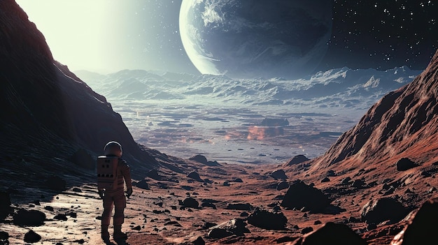 Foto paisaje espacial de ciencia ficción humano en la superficie de marte y observando la tierra en el cielo