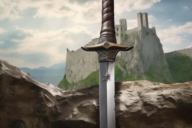 Foto paisaje con espada en piedra y castillo medieval al fondo concepto de fantasía ia generativa