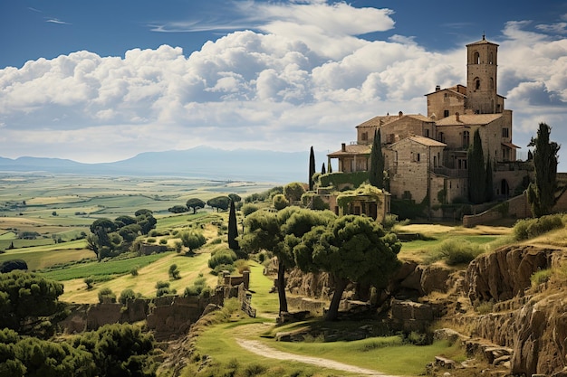 Paisaje de España Una antigua villa medieval rodeada de cipreses Las nubes descienden